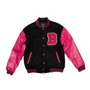 Couro Men's Varsity Baseball‎ Letterman Bomber Wool pink Faux Leather Jacket L